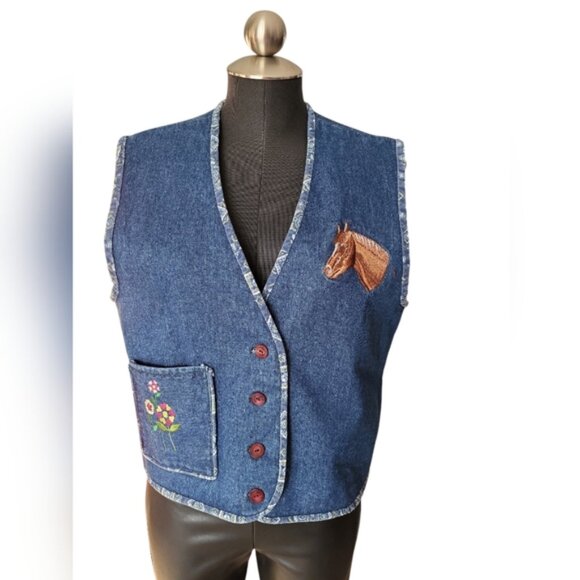 Western Denim Vest  Embroidered Horse Floral Handcrafted Unique Equestrian - Picture 2 of 12
